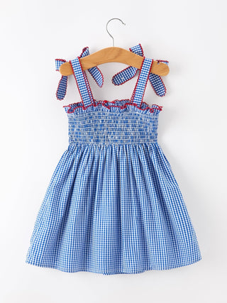 Girls 4th of July Plaid Twirl Dress Bow Smocked - Sunny Meadow Boutique