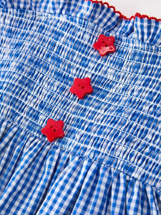 Girls 4th of July Plaid Twirl Dress Bow Smocked - Sunny Meadow Boutique