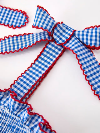 Girls 4th of July Plaid Twirl Dress Bow Smocked - Sunny Meadow Boutique