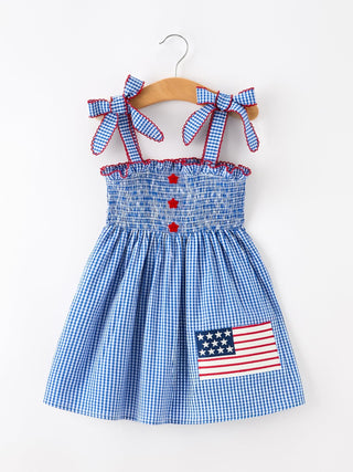 Girls 4th of July Plaid Twirl Dress Bow Smocked - Sunny Meadow Boutique