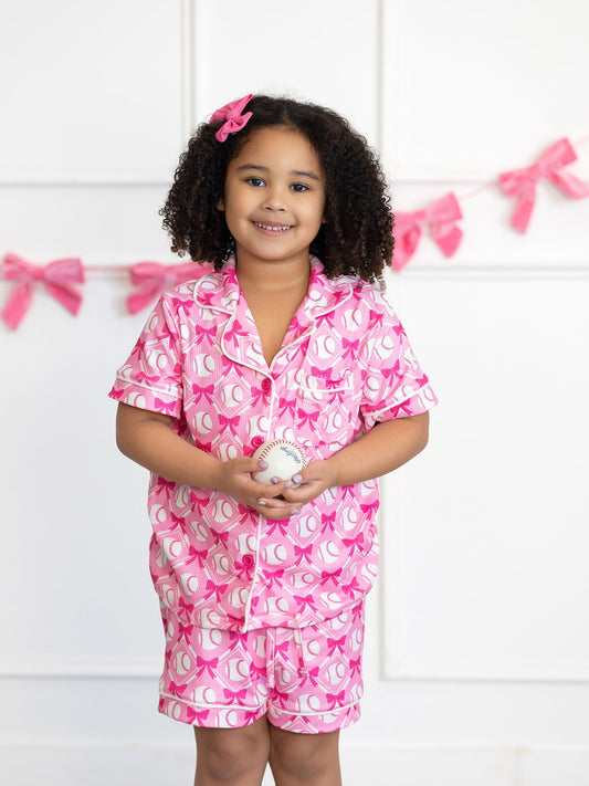 Girls Baseball Bow Print Pajama Set Short Sleeve Pink - Sunny Meadow Boutique