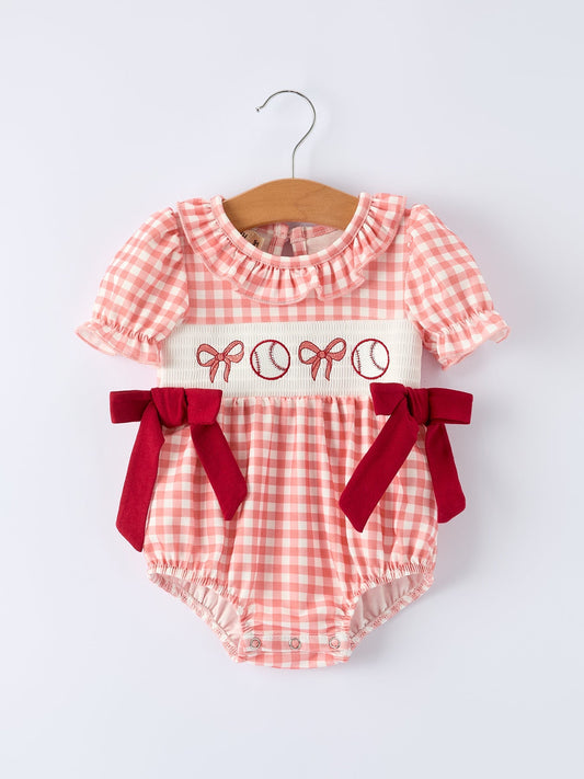 Girls Baseball Bow Smocking Embroidery Plaid Romper - Sunny Meadow Boutique