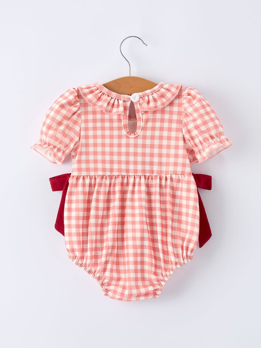 Girls Baseball Bow Smocking Embroidery Plaid Romper - Sunny Meadow Boutique