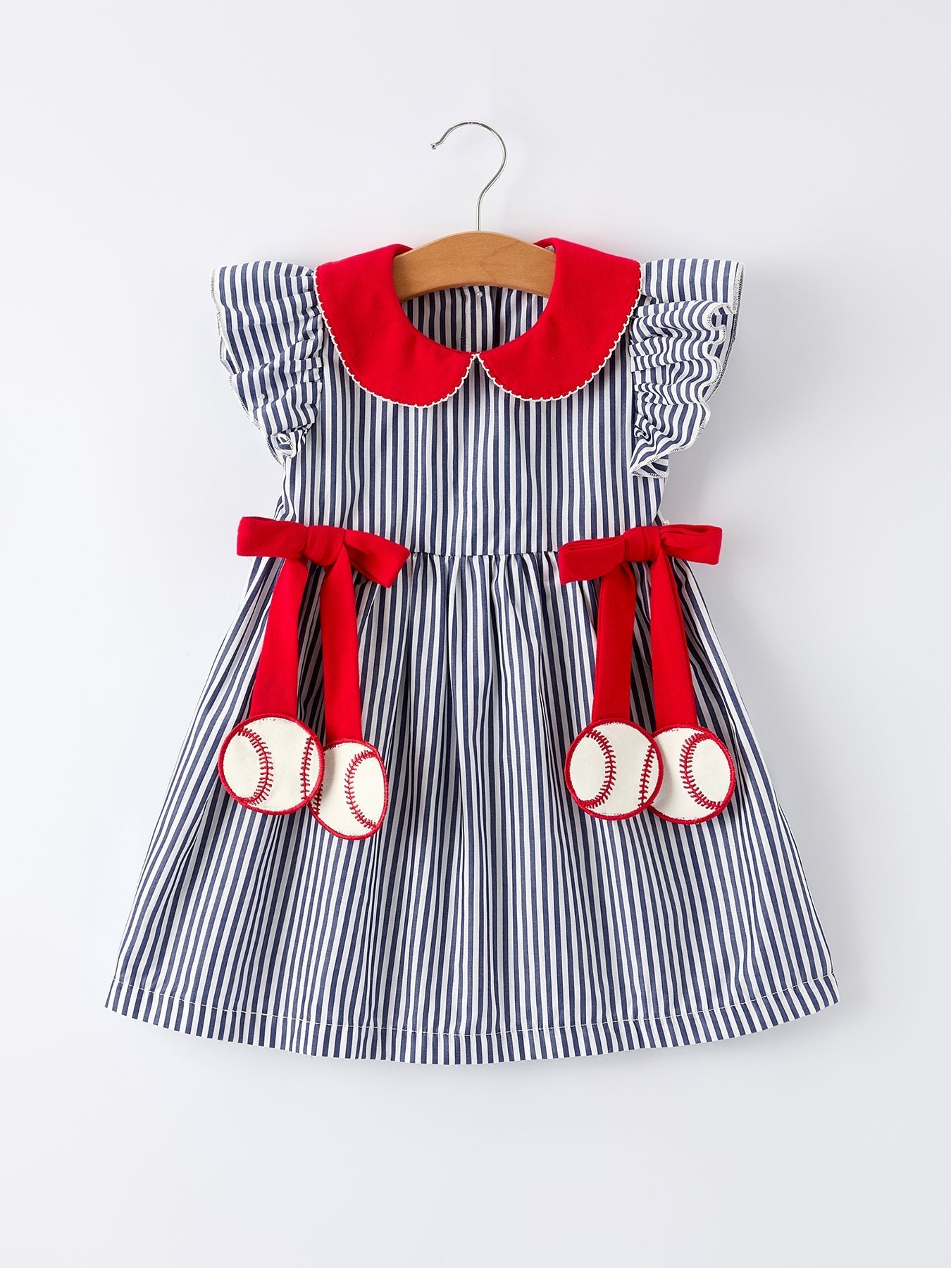 Girls Baseball Team Outfit – Striped Ruffle Sleeve Dress with Ball Design - Sunny Meadow Boutique