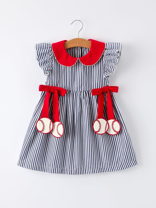 Girls Baseball Team Outfit – Striped Ruffle Sleeve Dress with Ball Design - Sunny Meadow Boutique