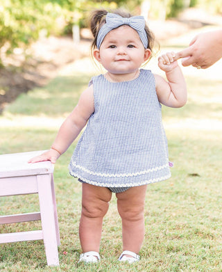 Girls Blue Seersucker Woven Headband - Sunny Meadow Boutique