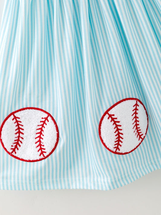 Girls Blue Striped Baseball Applique Smocked Dress Flutter Sleeves - Sunny Meadow Boutique