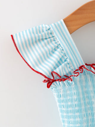 Girls Blue Striped Baseball Applique Smocked Dress Flutter Sleeves - Sunny Meadow Boutique