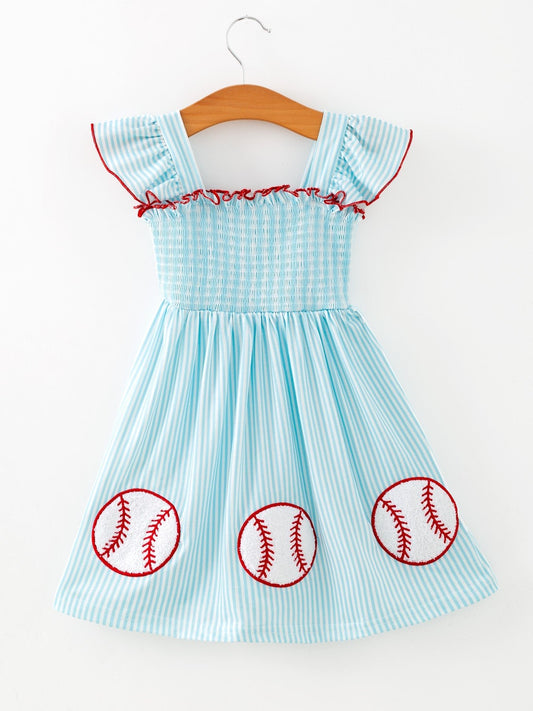 Girls Blue Striped Baseball Applique Smocked Dress Flutter Sleeves - Sunny Meadow Boutique