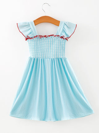 Girls Blue Striped Baseball Applique Smocked Dress Flutter Sleeves - Sunny Meadow Boutique