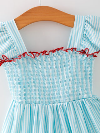Girls Blue Striped Baseball Applique Smocked Dress Flutter Sleeves - Sunny Meadow Boutique