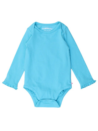 Girls Bright Aqua Knit Long Sleeve Ruffle Bodysuit - Sunny Meadow Boutique