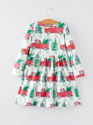 Girls Christmas Truck Christmas Tree Print Dress - Sunny Meadow Boutique