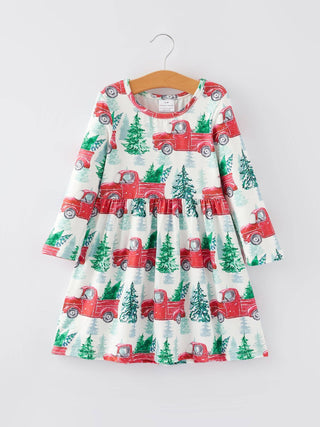 Girls Christmas Truck Christmas Tree Print Dress - Sunny Meadow Boutique