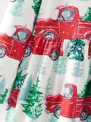 Girls Christmas Truck Christmas Tree Print Dress - Sunny Meadow Boutique