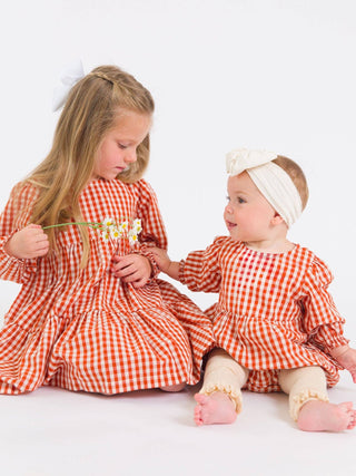 Girls Classic Rust Gingham Woven Long Sleeve Tiered Twirl Dress - Sunny Meadow Boutique