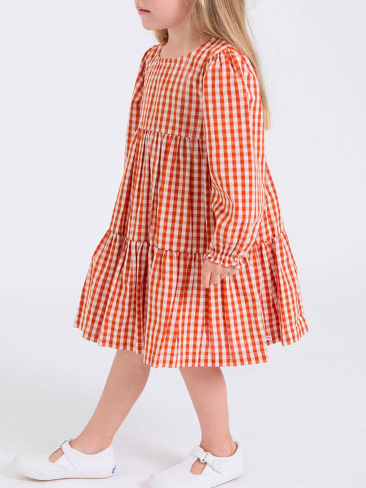 Girls Classic Rust Gingham Woven Long Sleeve Tiered Twirl Dress - Sunny Meadow Boutique