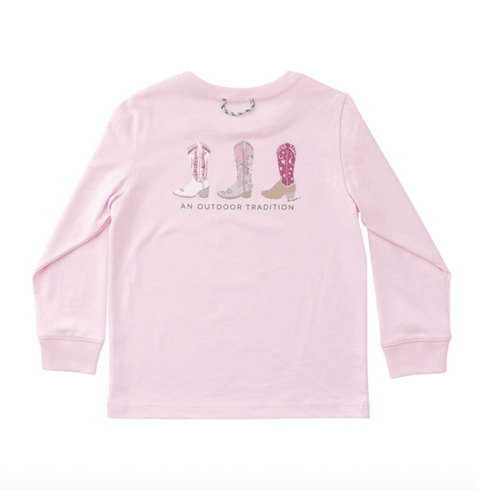 Girls Long Sleeve Cotton T-Shirt in Pink with Cowgirl Boots - Sunny Meadow Boutique