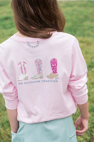 Girls Long Sleeve Cotton T-Shirt in Pink with Cowgirl Boots - Sunny Meadow Boutique