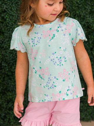 Girls Mint Meadow Floral Knit Short Sleeve Scallop Tee - Sunny Meadow Boutique
