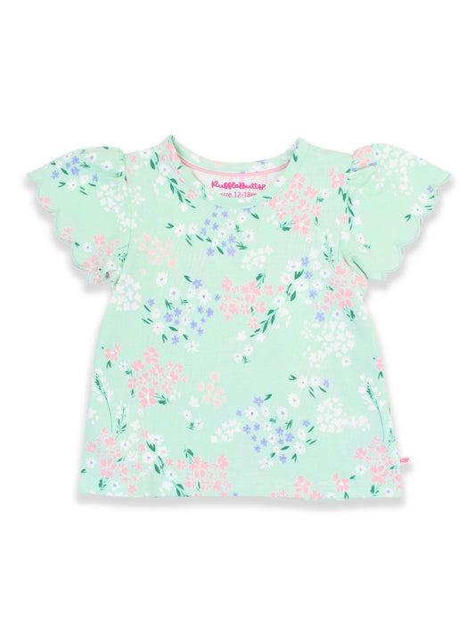 Girls Mint Meadow Floral Knit Short Sleeve Scallop Tee - Sunny Meadow Boutique