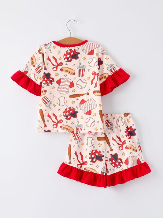 Girls Pajama Set with Red Bows Baseball Print - Sunny Meadow Boutique