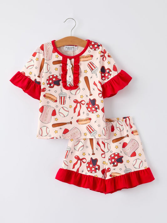 Girls Pajama Set with Red Bows Baseball Print - Sunny Meadow Boutique