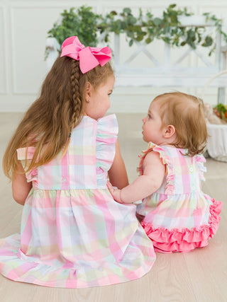 Girls Picnic Plaid Pinafore Bow Dress - Sunny Meadow Boutique
