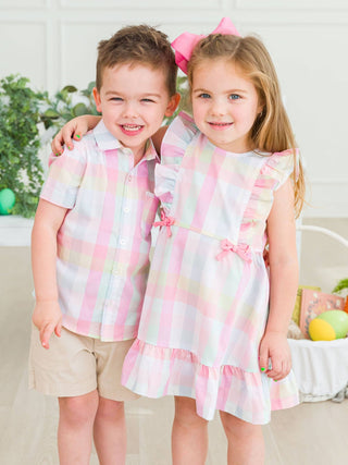 Girls Picnic Plaid Pinafore Bow Dress - Sunny Meadow Boutique
