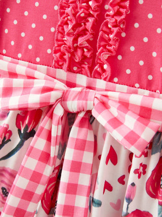 Girl's Pink Flower Print Bow Tie Polka Dot Ruffle Dress - Sunny Meadow Boutique