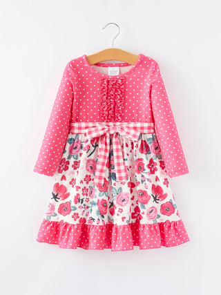 Girl's Pink Flower Print Bow Tie Polka Dot Ruffle Dress - Sunny Meadow Boutique