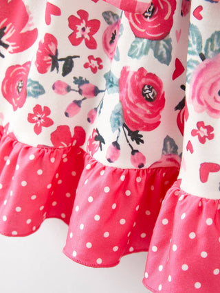 Girl's Pink Flower Print Bow Tie Polka Dot Ruffle Dress - Sunny Meadow Boutique