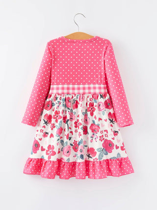 Girl's Pink Flower Print Bow Tie Polka Dot Ruffle Dress - Sunny Meadow Boutique