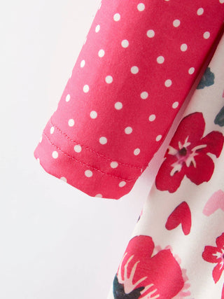 Girl's Pink Flower Print Bow Tie Polka Dot Ruffle Dress - Sunny Meadow Boutique