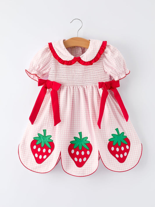 Girls' Plaid Smocked Strawberry Applique Dress - Sunny Meadow Boutique