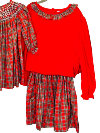 Girls Red Plaid Smocked Pearl Skirt/LS Knit Ruffle Top - Sunny Meadow Boutique