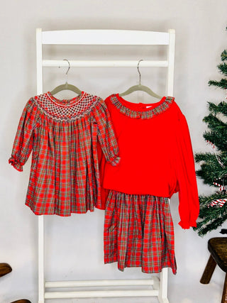 Girls Red Plaid Smocked Pearl Skirt/LS Knit Ruffle Top - Sunny Meadow Boutique