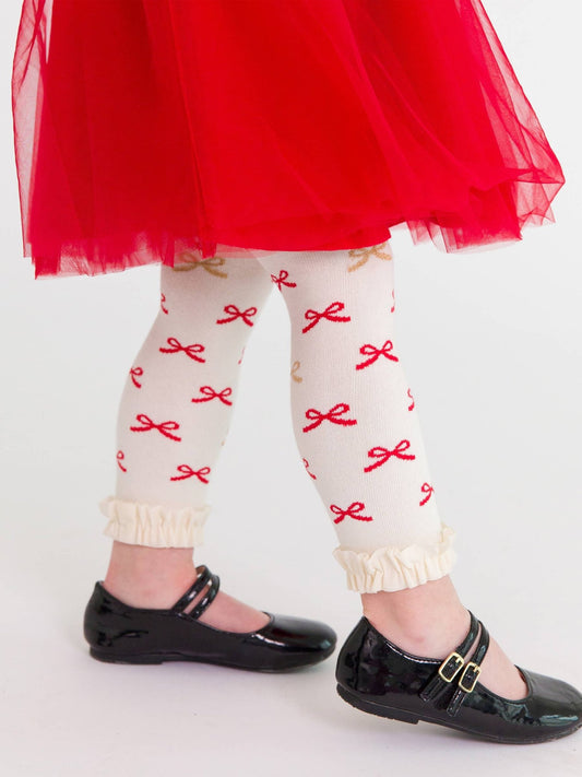 Girls Red Sparkle Bow Ribbon Patterned Footless Ruffle Tights - Sunny Meadow Boutique