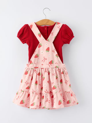 Girls Spring Short - sleeved top + Strawberry Print Overall Dress Set - Sunny Meadow Boutique
