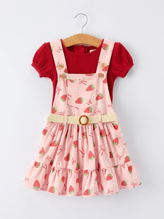 Girls Spring Short - sleeved top + Strawberry Print Overall Dress Set - Sunny Meadow Boutique