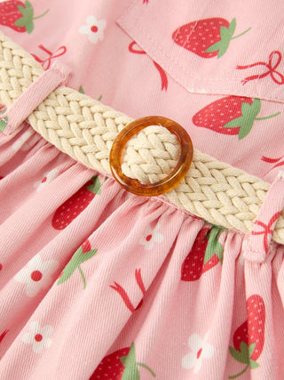 Girls Spring Short - sleeved top + Strawberry Print Overall Dress Set - Sunny Meadow Boutique
