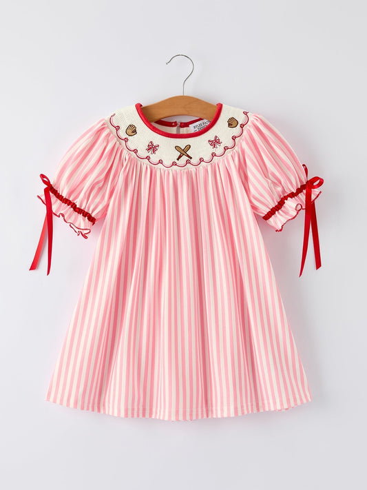 Girls Summer Baseball Embroidery Dress – Pink Stripe Casual Outfit - Sunny Meadow Boutique