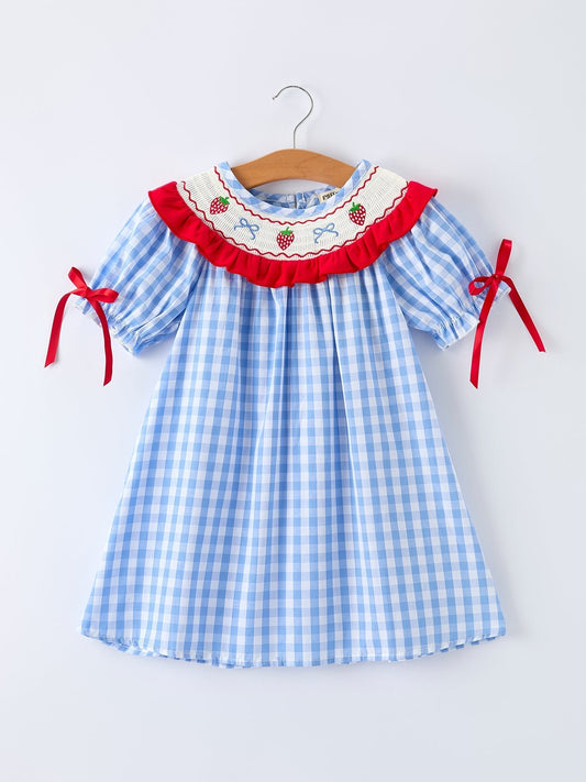 Girls Summer Strawberry Bow Embroidered Smocked Dress - Sunny Meadow Boutique