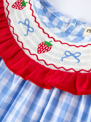 Girls Summer Strawberry Bow Embroidered Smocked Dress - Sunny Meadow Boutique