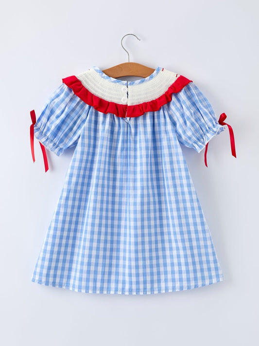 Girls Summer Strawberry Bow Embroidered Smocked Dress - Sunny Meadow Boutique