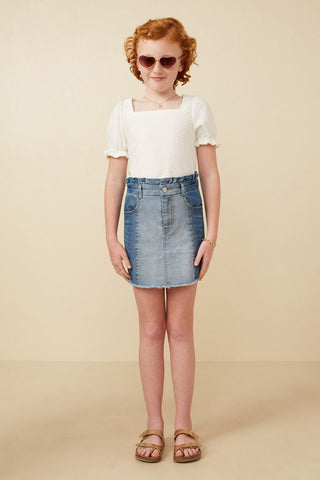 Girls’ Two - Tone Paperbag Waist Denim Skirt – Trendy Frayed Hem - Sunny Meadow Boutique