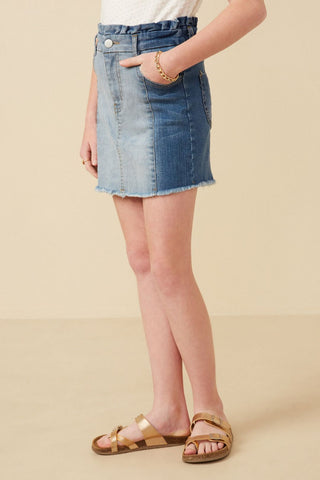 Girls’ Two - Tone Paperbag Waist Denim Skirt – Trendy Frayed Hem - Sunny Meadow Boutique