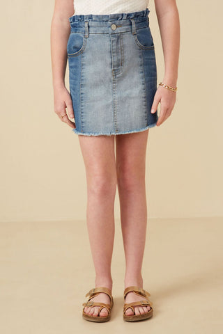 Girls’ Two - Tone Paperbag Waist Denim Skirt – Trendy Frayed Hem - Sunny Meadow Boutique
