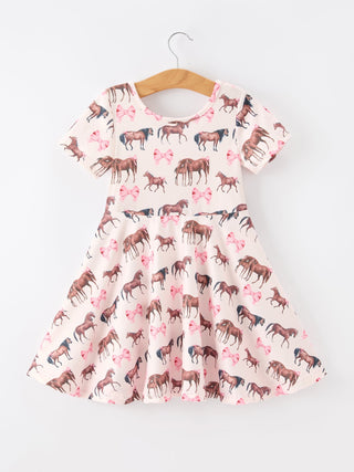 Girls Western Horse Print Twirl Dress Short Sleeve - Sunny Meadow Boutique