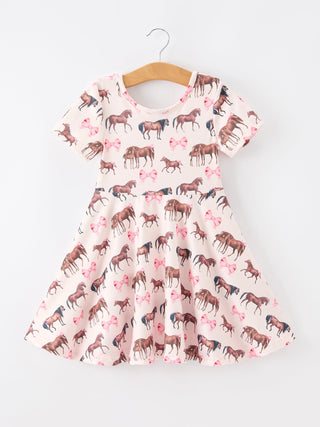 Girls Western Horse Print Twirl Dress Short Sleeve - Sunny Meadow Boutique